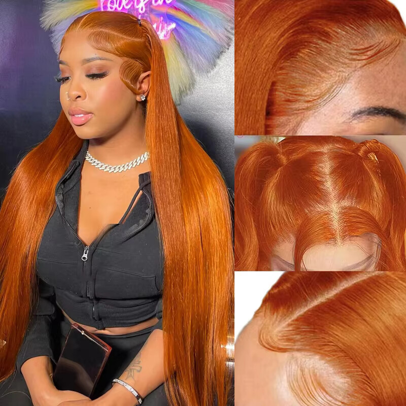 Glueless Wear And Go Human Hair Wig - 34 inç turuncu zencefil dantel ön