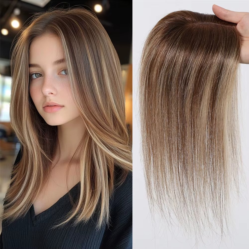 Seamless Clip In Hair Extensions Human Hair - 100% İnsan Saç Toppers Kahverengi Vurgu